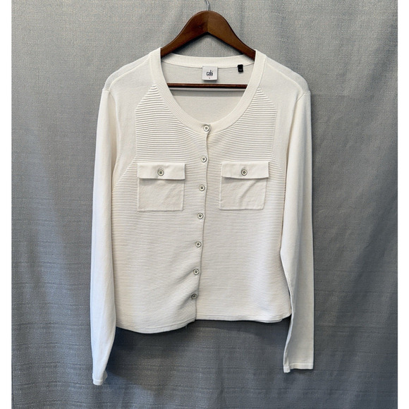 Cabi Cardigan Lady Jacket Womens Size L White Fencing Ripped Knit Old Money - Picture 1 of 8